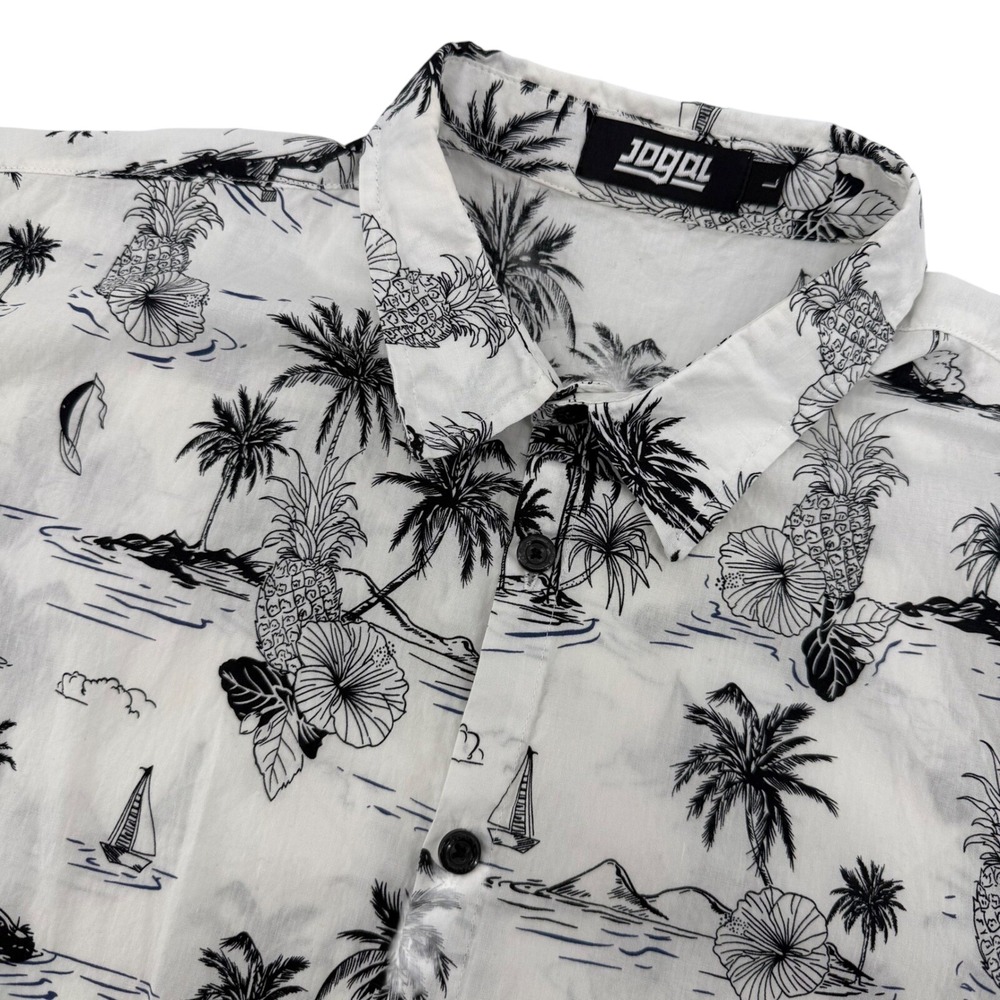 Jogal Button Up Shirt Mens Large White Black Tropical Palm Pineapple Cotton